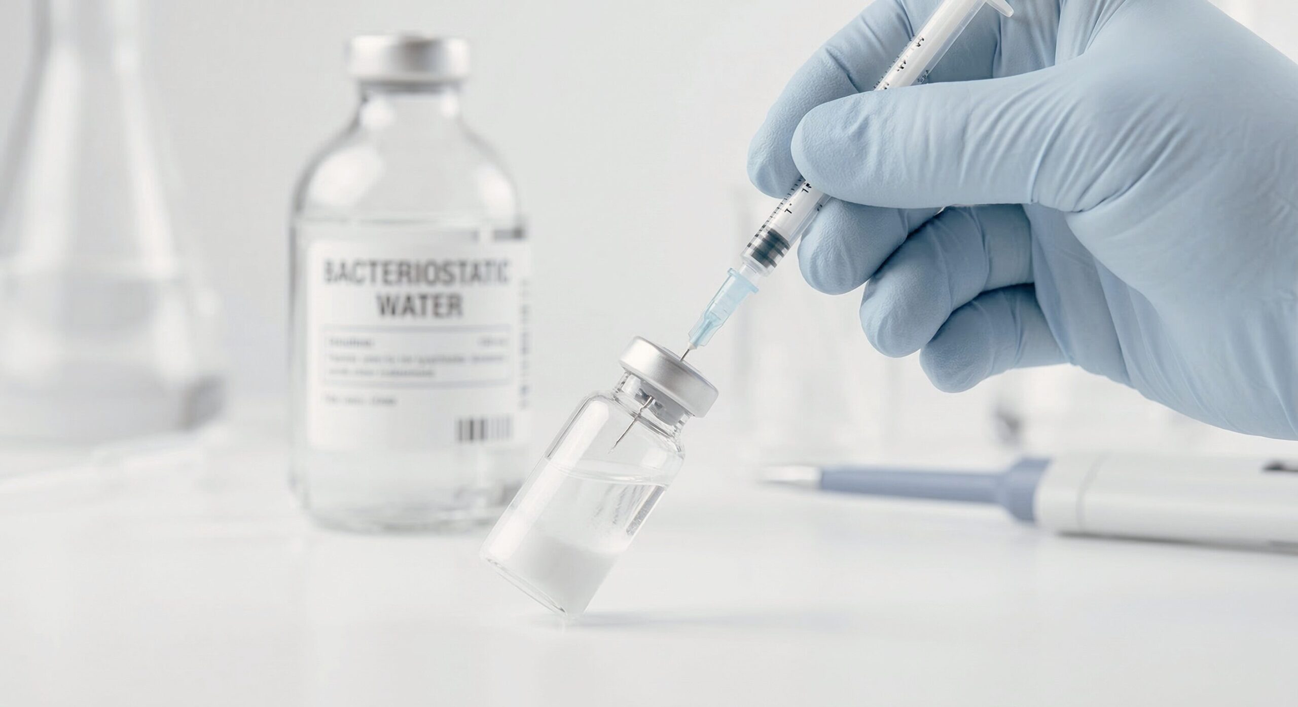 Close-up of a glass peptide vial and insulin syringe on a clean white lab surface showing how to reconstitute peptides