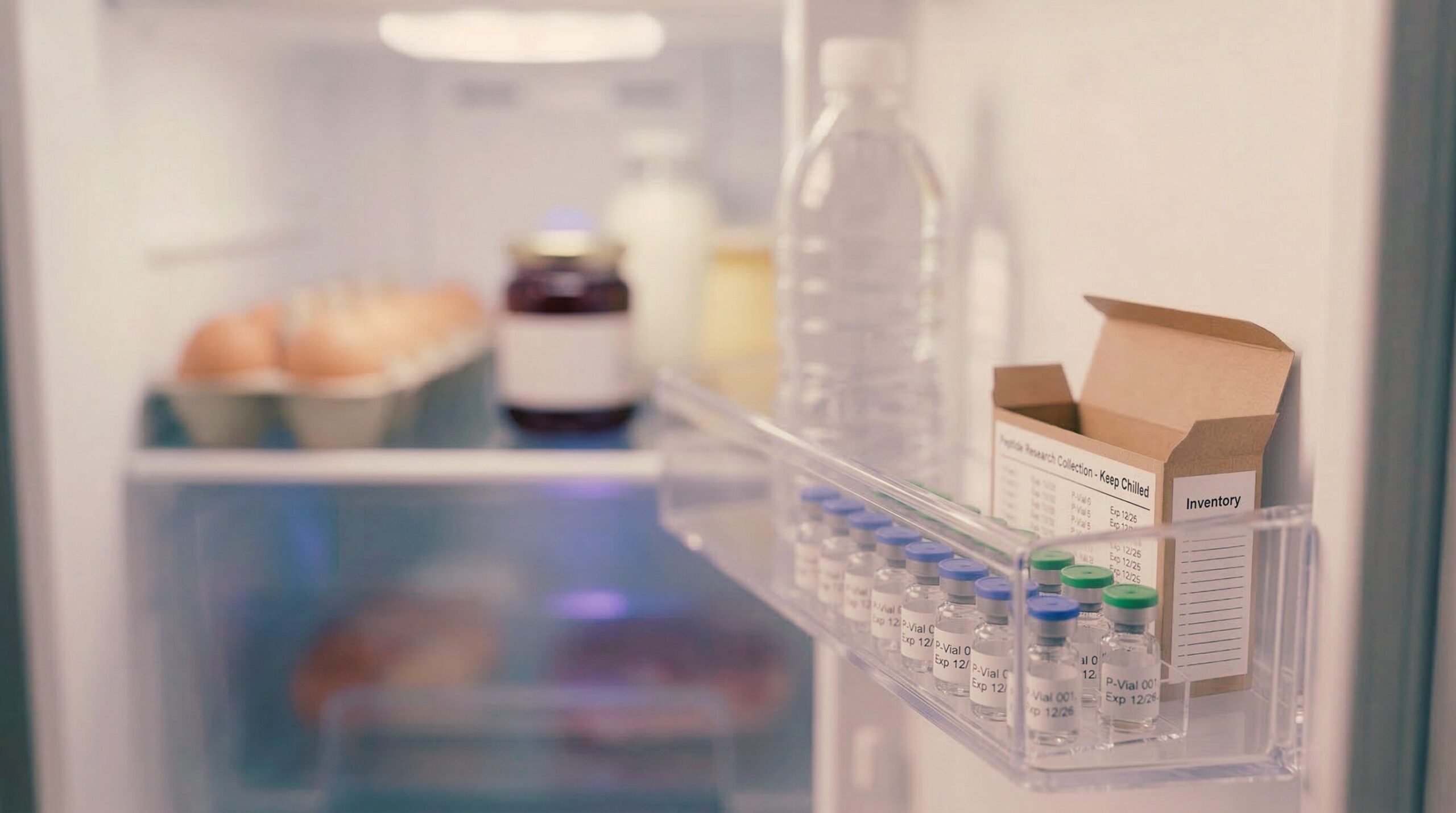 Peptide storage setup showing vials in a freezer-safe container with temperature monitoring and proper cold storage supplies