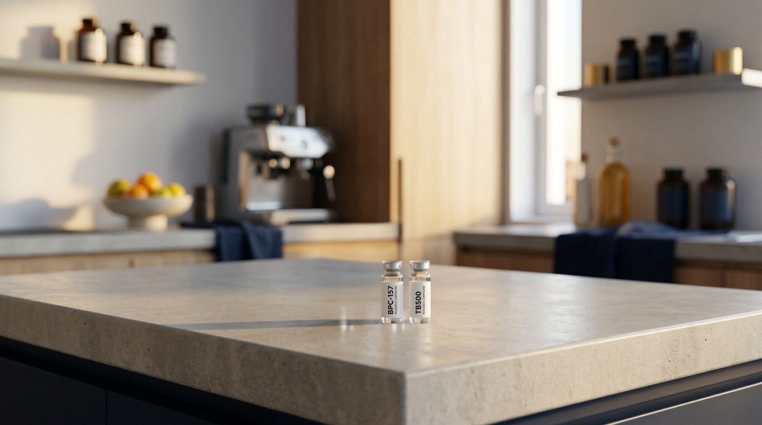 BPC-157 and TB-500 stack peptide vials positioned together showing a recovery stack protocol in home kitchen setting
